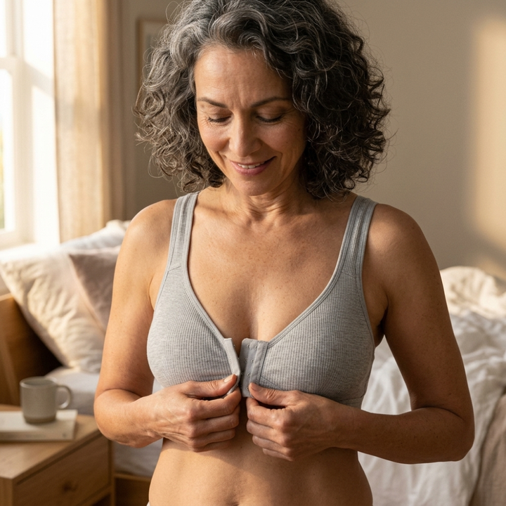Easy-on front closure wireless comfort bra for women, seamless everyday support.