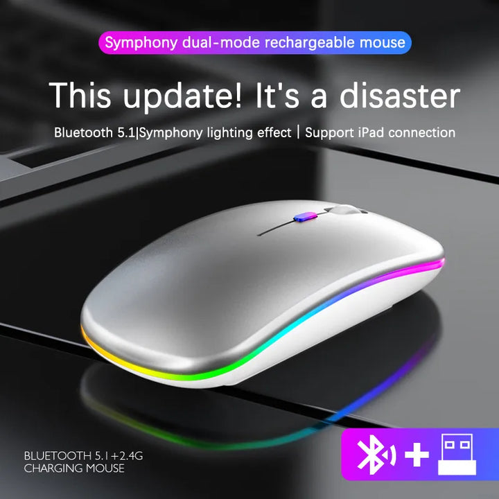 Modern wireless LED computer mouse. Rechargeable with colorful lights, perfect for an ergonomic desk.