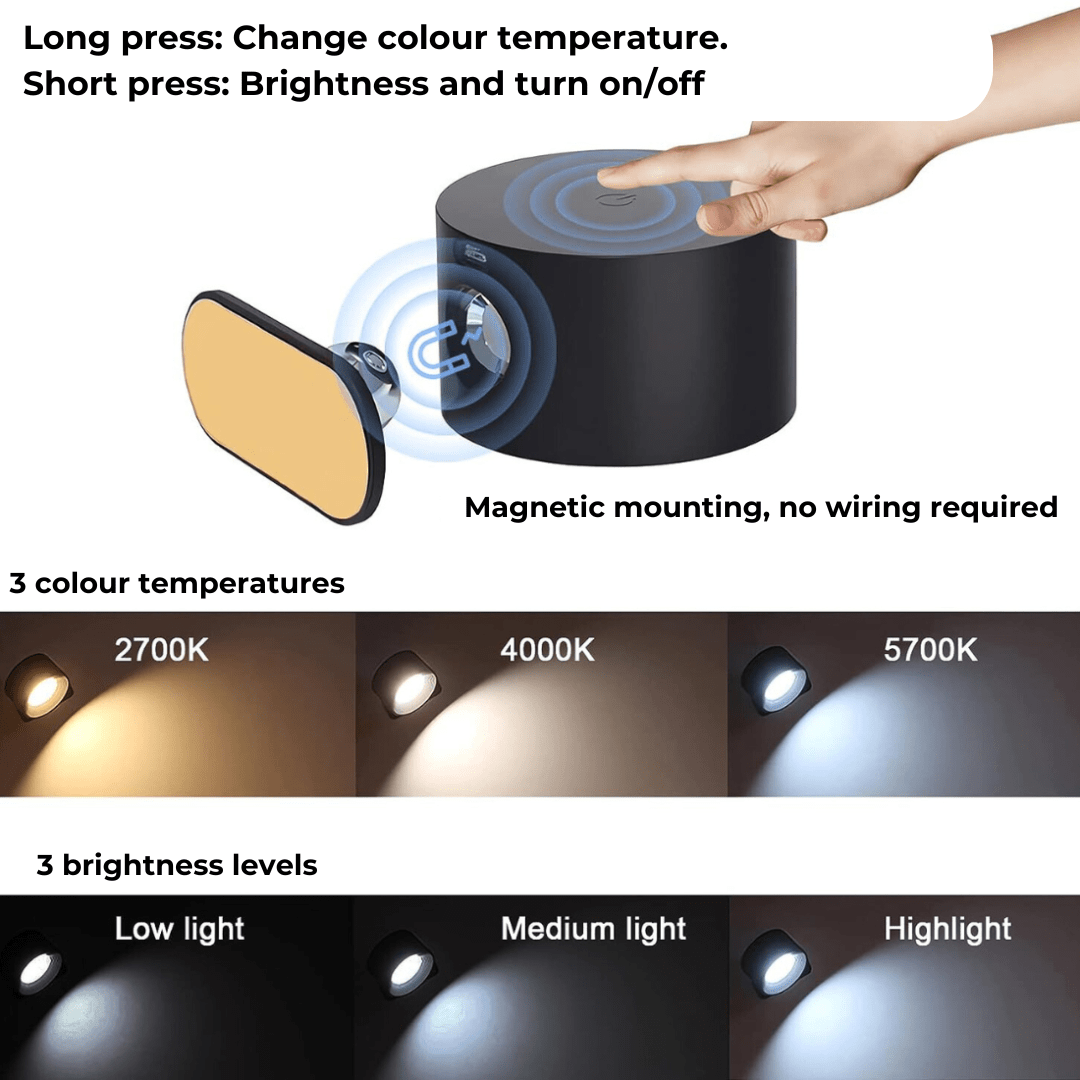 Stylish LED lamp with wireless design, touch control, 360° rotation, and magnetic mount for modern lighting.