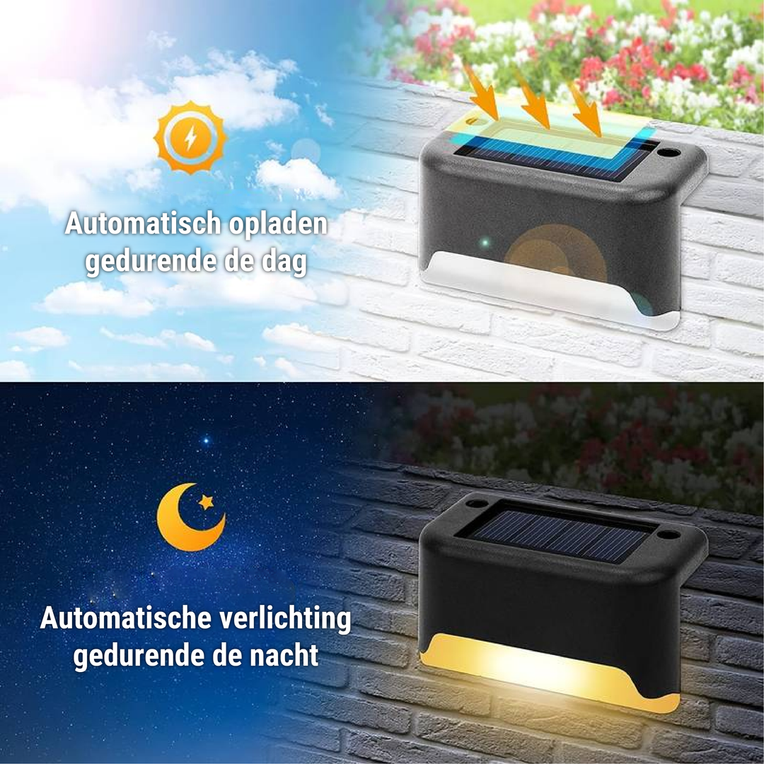 Energy-efficient solar LED wall light. Modern outdoor wireless garden lamp for automatic, sustainable illumination.
