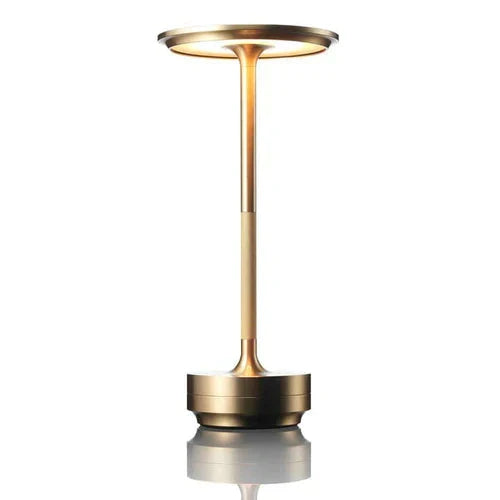 Elegant gold GlowBeam table lamp, USB rechargeable for modern living spaces.