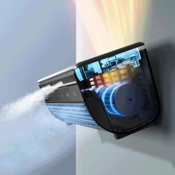 Compact portable wireless air cooler providing quiet, personal cooling for your desk or workspace. Rechargeable.