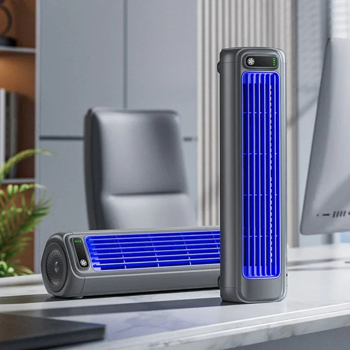 Rechargeable wireless personal air cooler delivers quiet, compact cooling. Perfect portable fan for indoor relief.