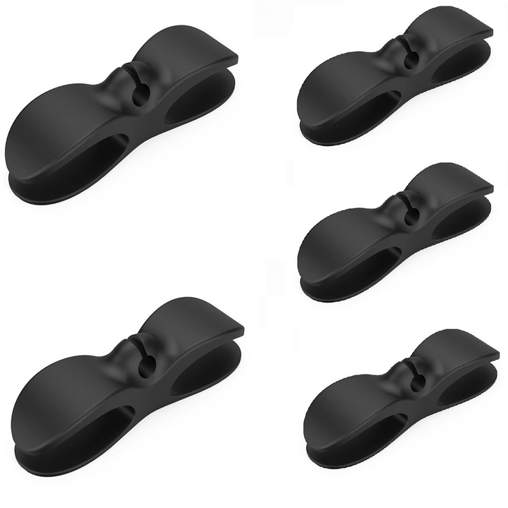 5-pack black self-adhesive cable management organizers for decluttering wires in home office & kitchen.
