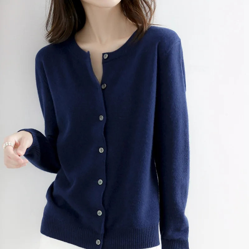 Front view of a black classic button cardigan for women, ideal for a polished and comfortable look.