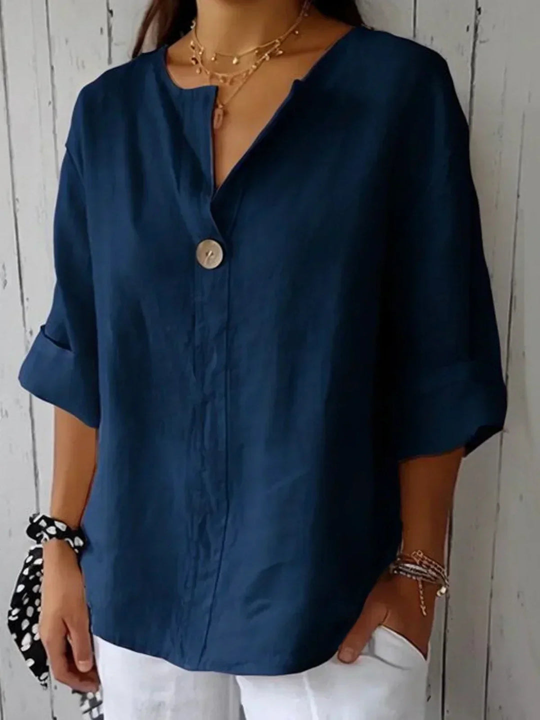 Elegant women's 3/4 sleeve V-neck button-down blouse, a versatile top for transitional spring and summer fashion.