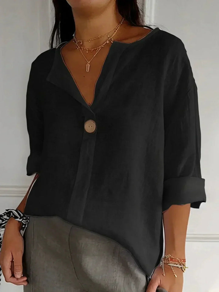 Women's relaxed fit V-neck button down blouse with 3/4 sleeves, an elegant top for versatile everyday fashion.