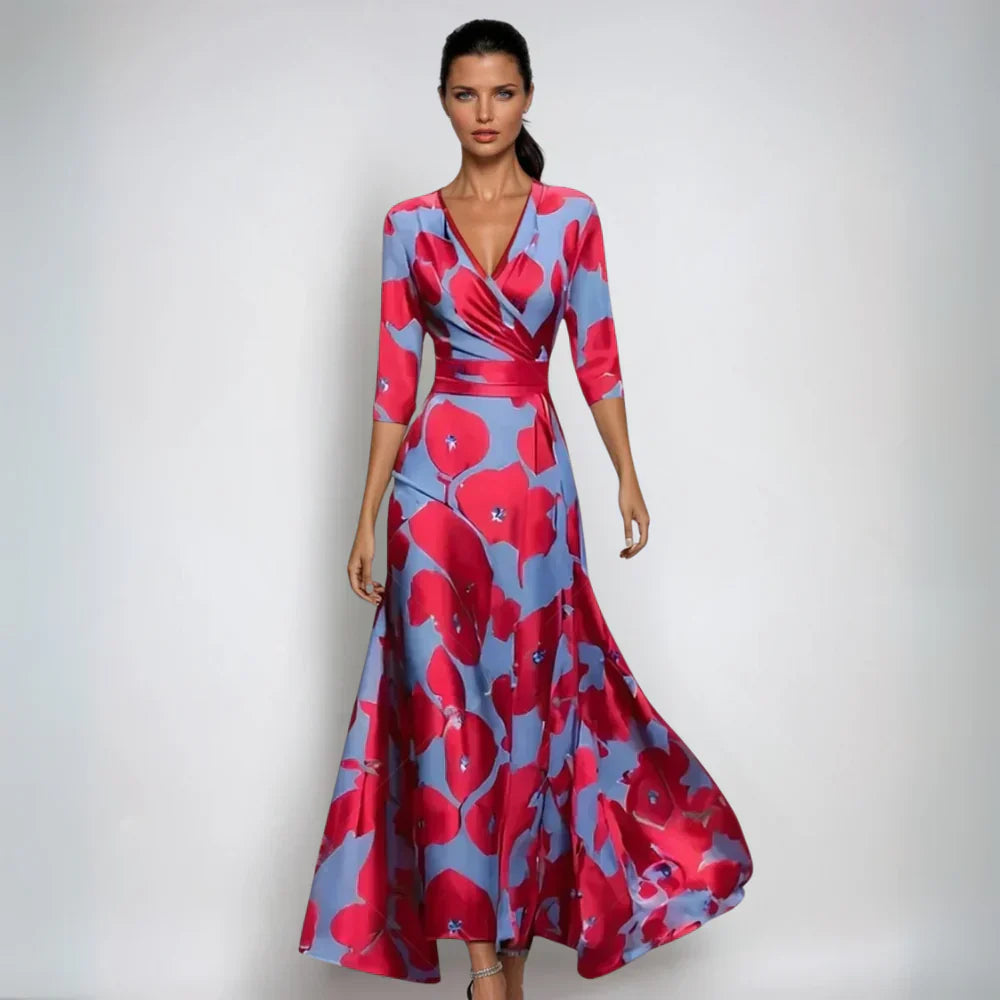 Elegant women's floral maxi wrap dress with 3/4 sleeves, perfect for versatile summer and occasion wear.