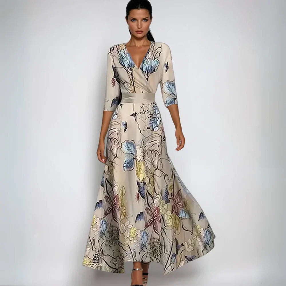 Versatile long floral wrap dress for women, featuring a flattering silhouette and 3/4 sleeves, ideal for any event.