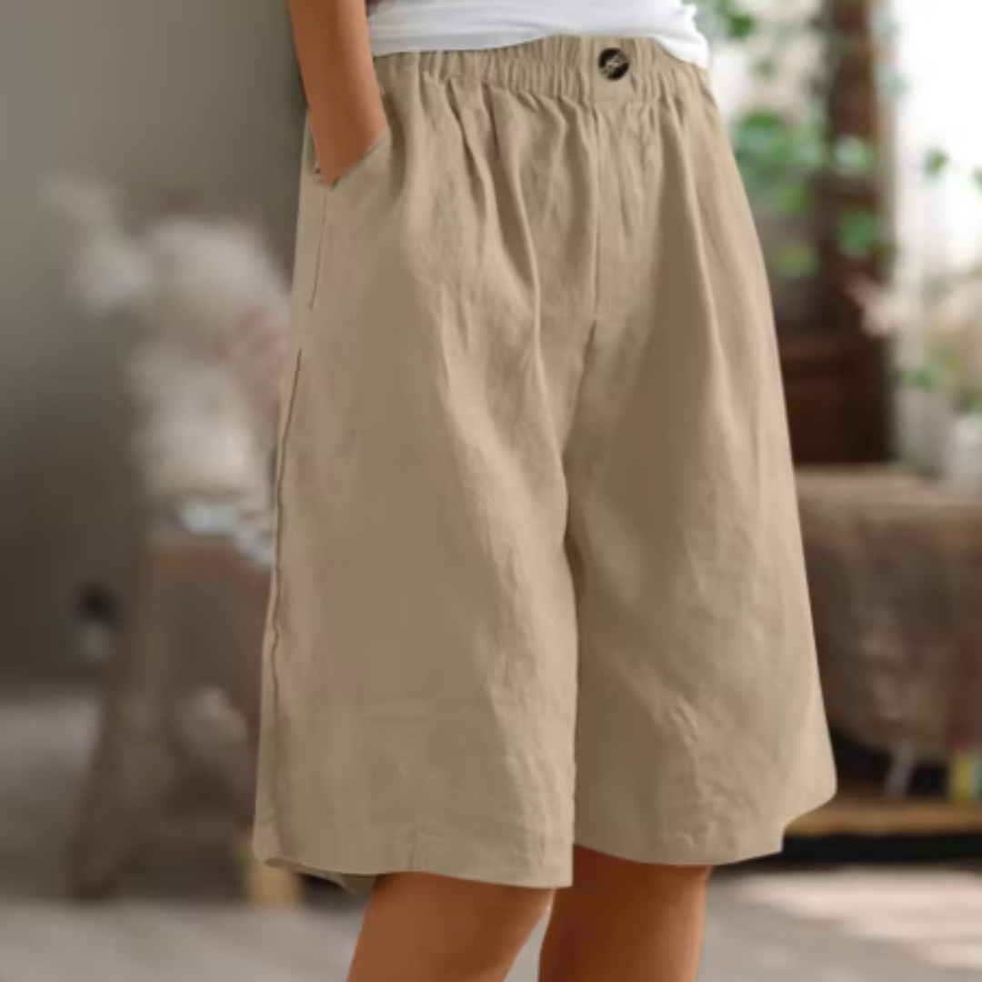 Back view of women's casual high waist wide leg shorts, featuring a comfortable elastic waist.