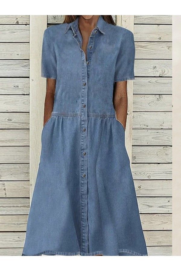 Women's blue button-front A-line midi dress, perfect for stylish, comfortable, and casual summer daywear.