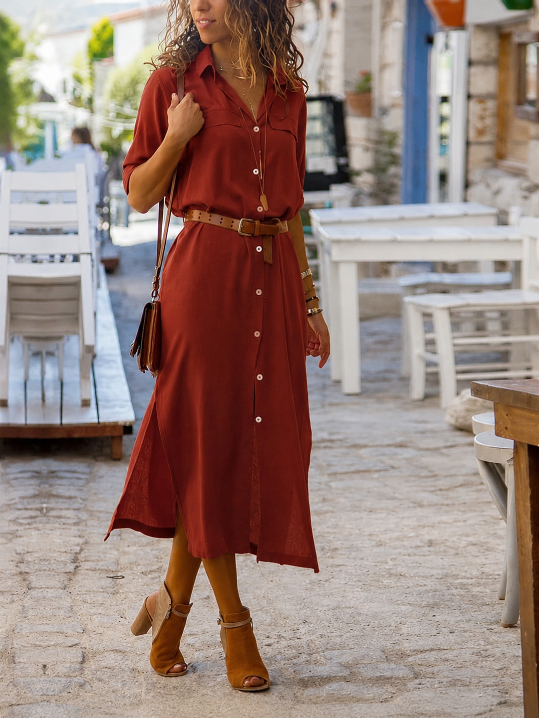Elegant women's midi shirt dress with belt, perfect for versatile spring & summer style. Button-up design.