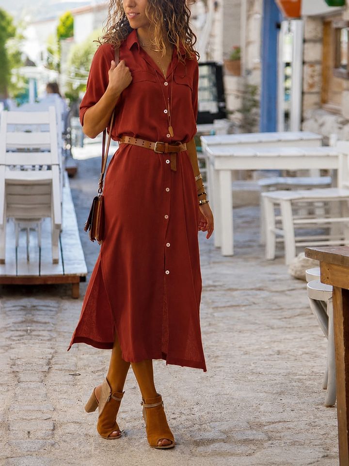 Elegant women's midi shirt dress with belt, perfect for versatile spring & summer style. Button-up design.