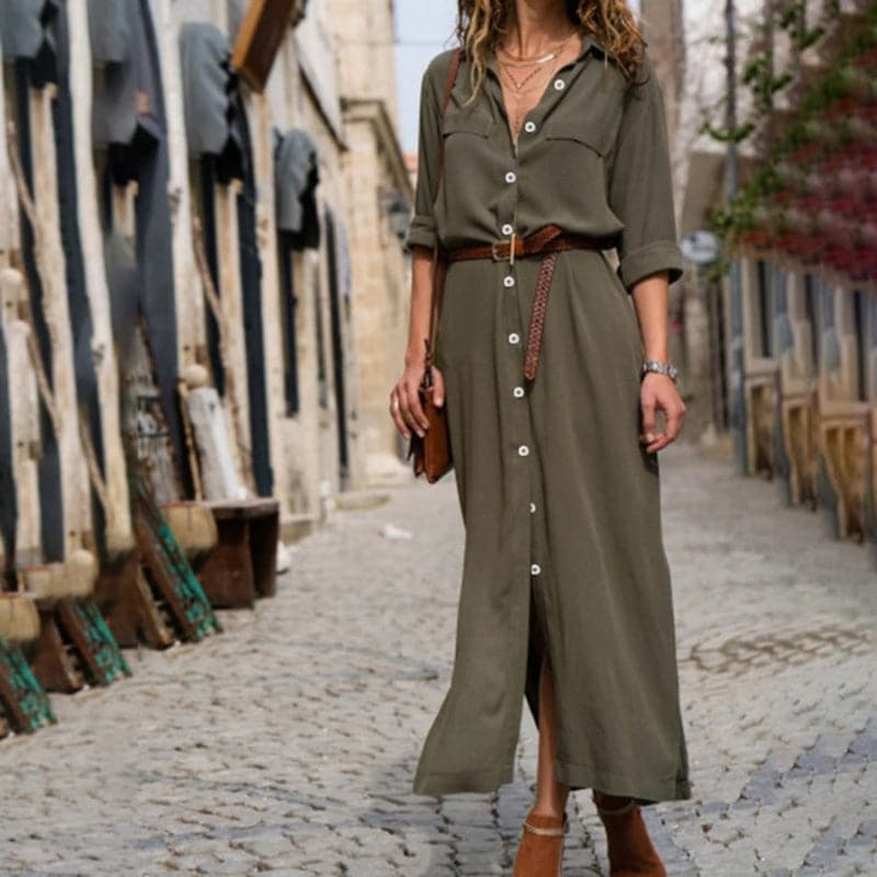 Women's belted midi shirt dress, showcasing a flattering silhouette. Timeless fashion for casual or formal wear.