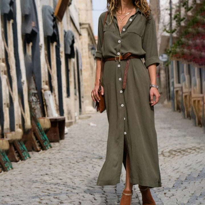 Women's belted midi shirt dress, showcasing a flattering silhouette. Timeless fashion for casual or formal wear.