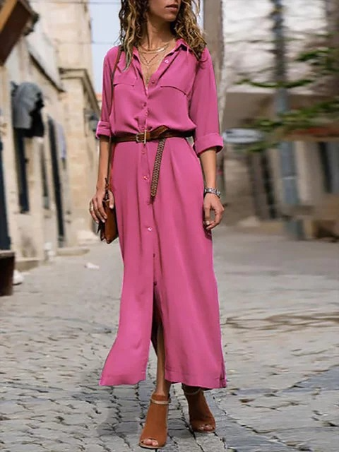 Chic women's button-up midi shirt dress, featuring a stylish belt. Ideal elegant versatile dress for any occasion.