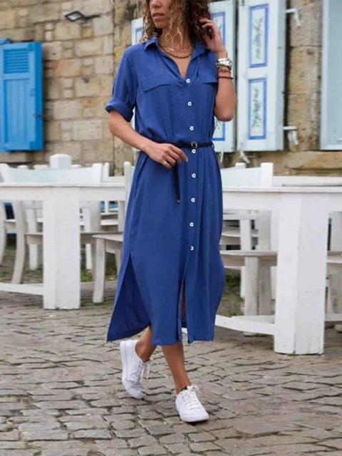 Versatile women's midi shirt dress with a cinched waist belt. Elegant and comfortable for spring & summer days.