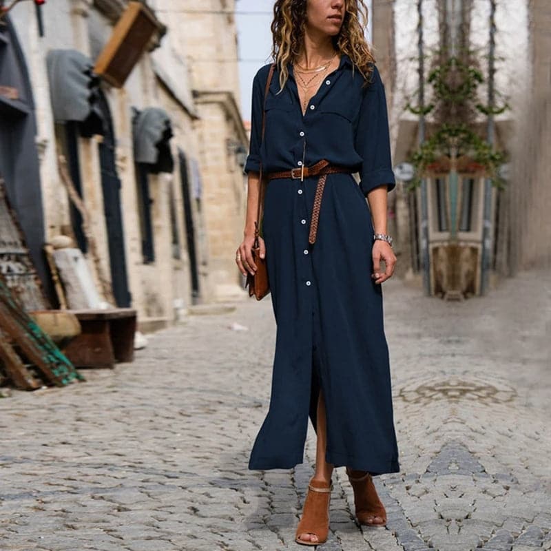 Classic women's midi shirt dress with belt, suitable for both casual outings and formal events. Timeless design.