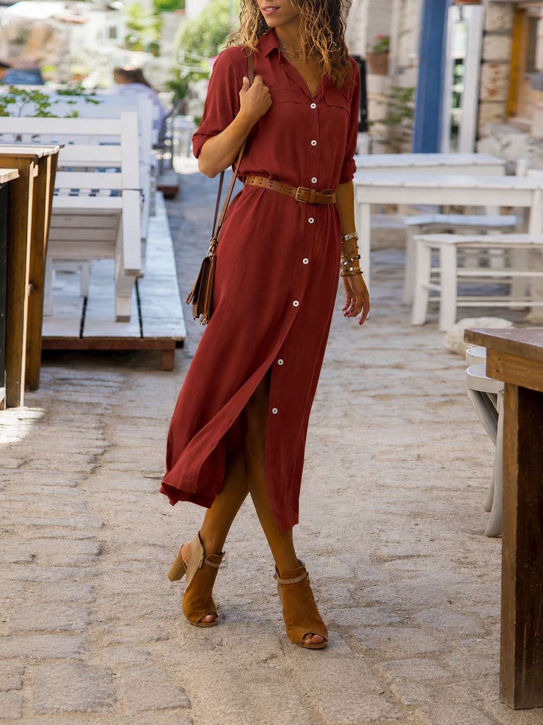 Sophisticated women's belted midi shirt dress, offering versatile style from office to evening. Button-front.