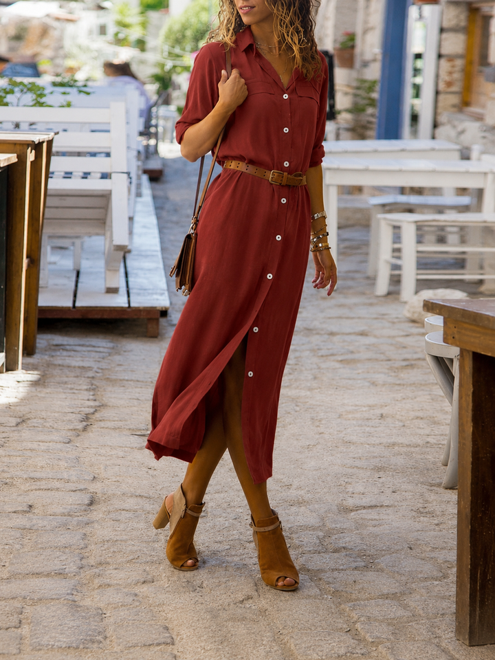 Sophisticated women's belted midi shirt dress, offering versatile style from office to evening. Button-front.