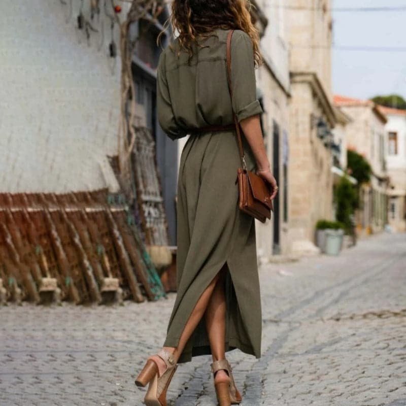 Stylish women's midi dress, featuring a classic shirt dress design & a flattering belt. Versatile & timeless.