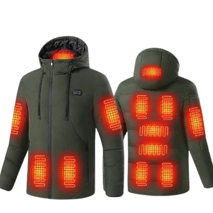 Warm women's electric puffer jacket with 11 heating zones, ideal for outdoor adventures in extreme cold.