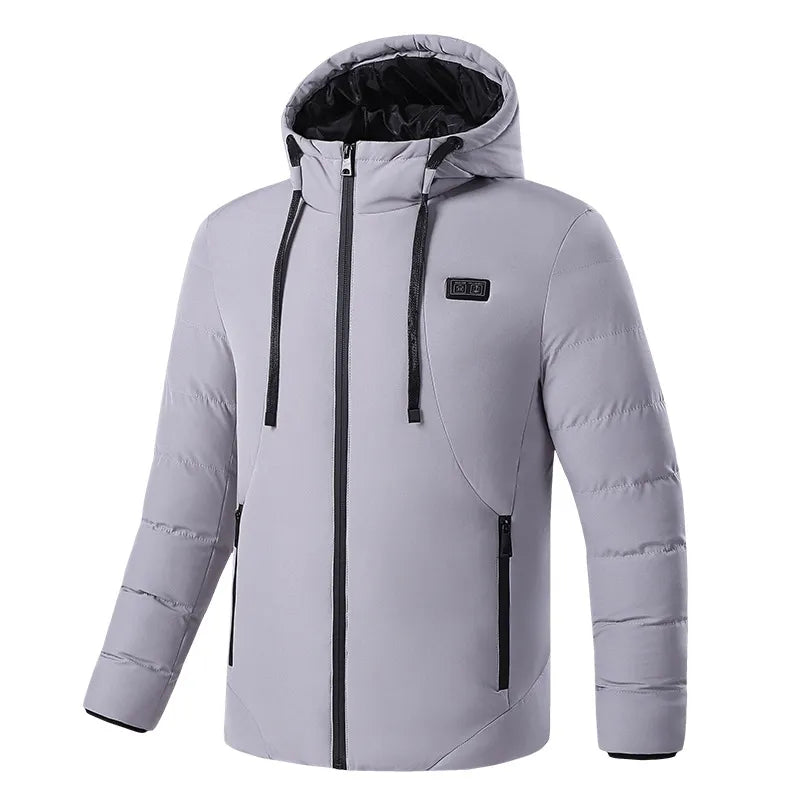 Comfortable women's cold weather jacket, an 11-zone heated puffer with a hood for lasting warmth.
