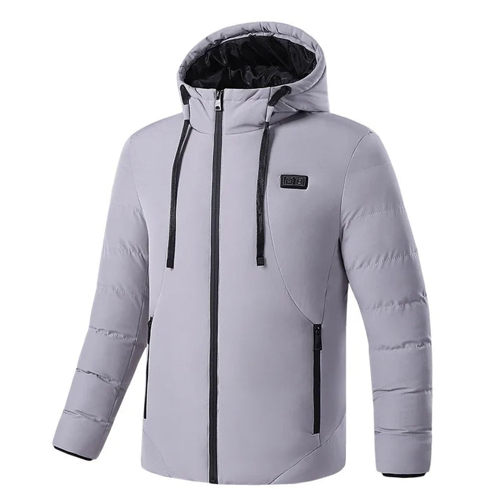 Comfortable women's cold weather jacket, an 11-zone heated puffer with a hood for lasting warmth.