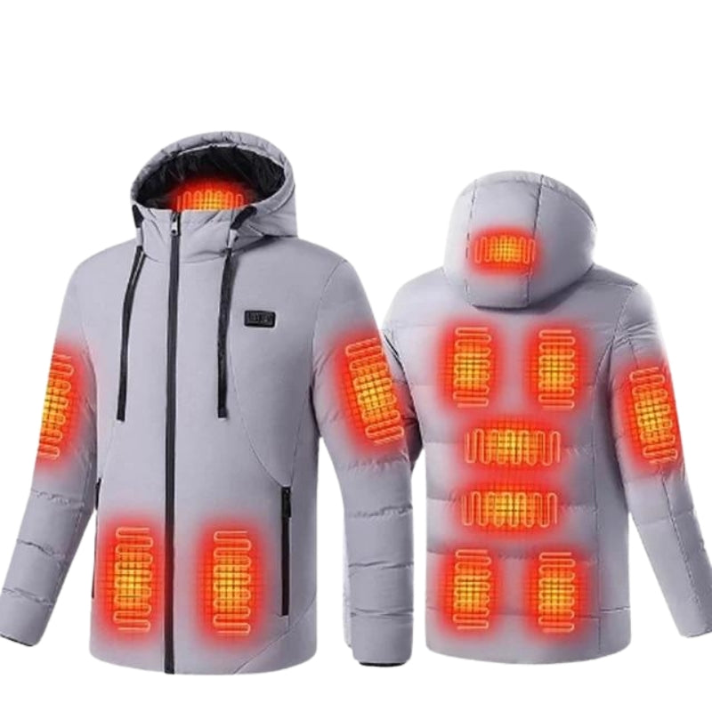 Durable women's winter jacket, 11-zone heated and hooded puffer, providing electric warmth for comfort.