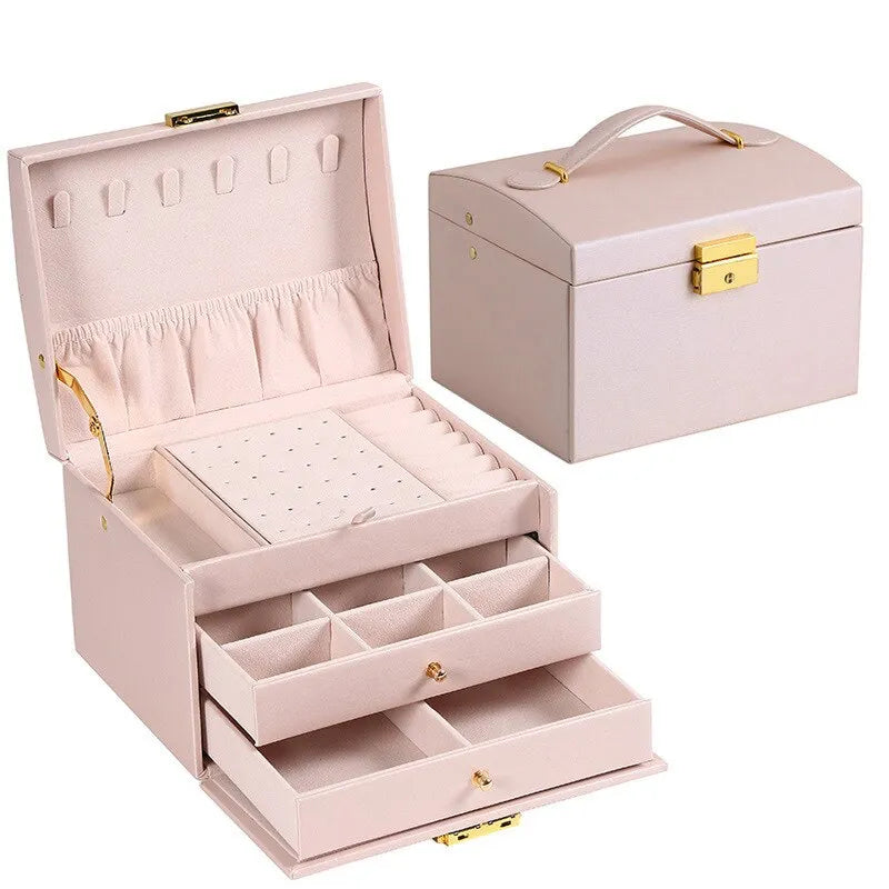 Compact 3-tier leather jewelry box for women, ideal dresser organizer for earrings, necklaces & accessories.