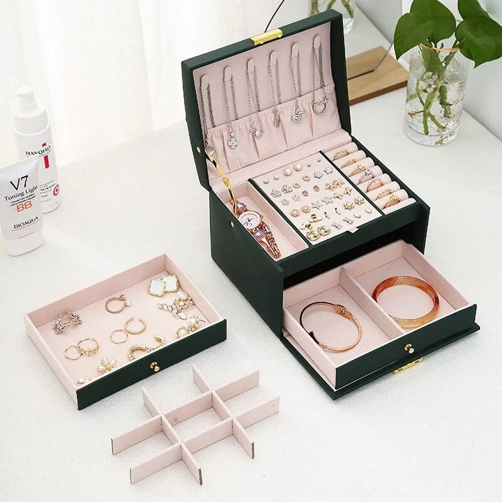 Sophisticated women's 3-layer leather jewelry box. Elegant storage solution & organizer for all precious accessories.