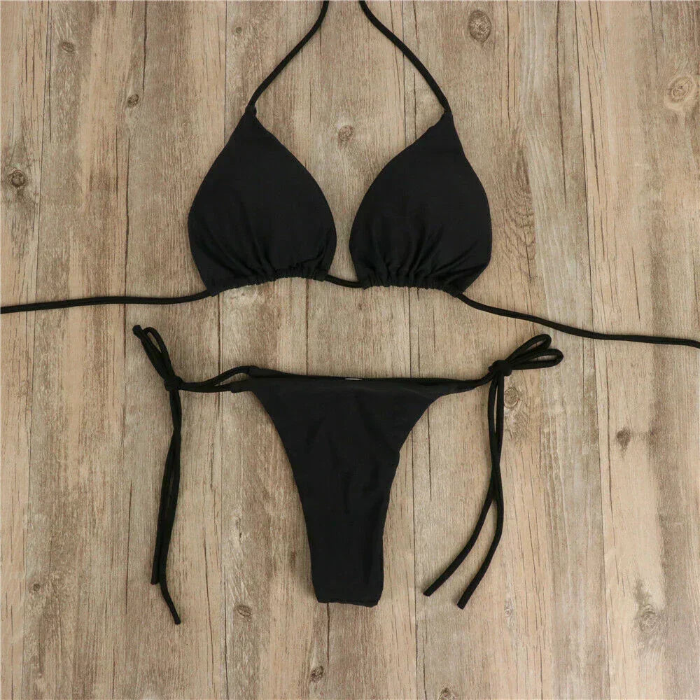 Model wearing the two-piece women's swimwear, showcasing the flattering fit of the bikini top.