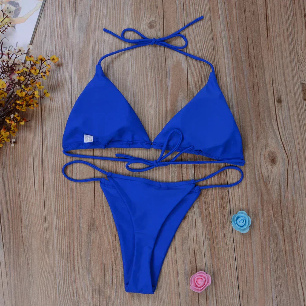 Rear view of the adjustable side tie bikini bottoms, emphasizing the customizable fit for women's swimwear.