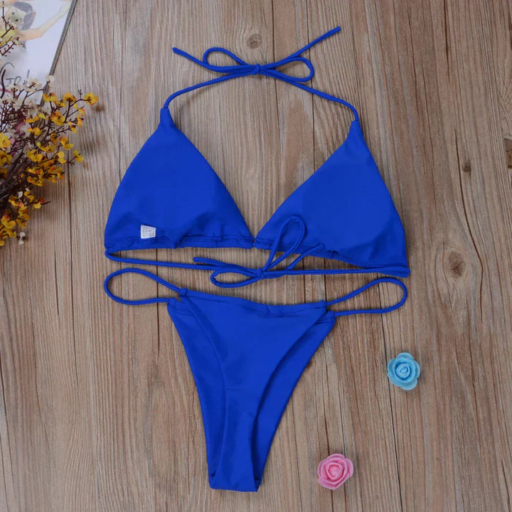 Rear view of the adjustable side tie bikini bottoms, emphasizing the customizable fit for women's swimwear.