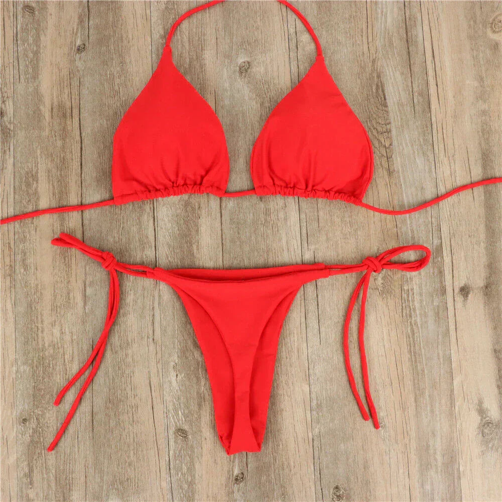 Detail shot of the fabric texture and stitching on the women's adjustable bikini swimwear.