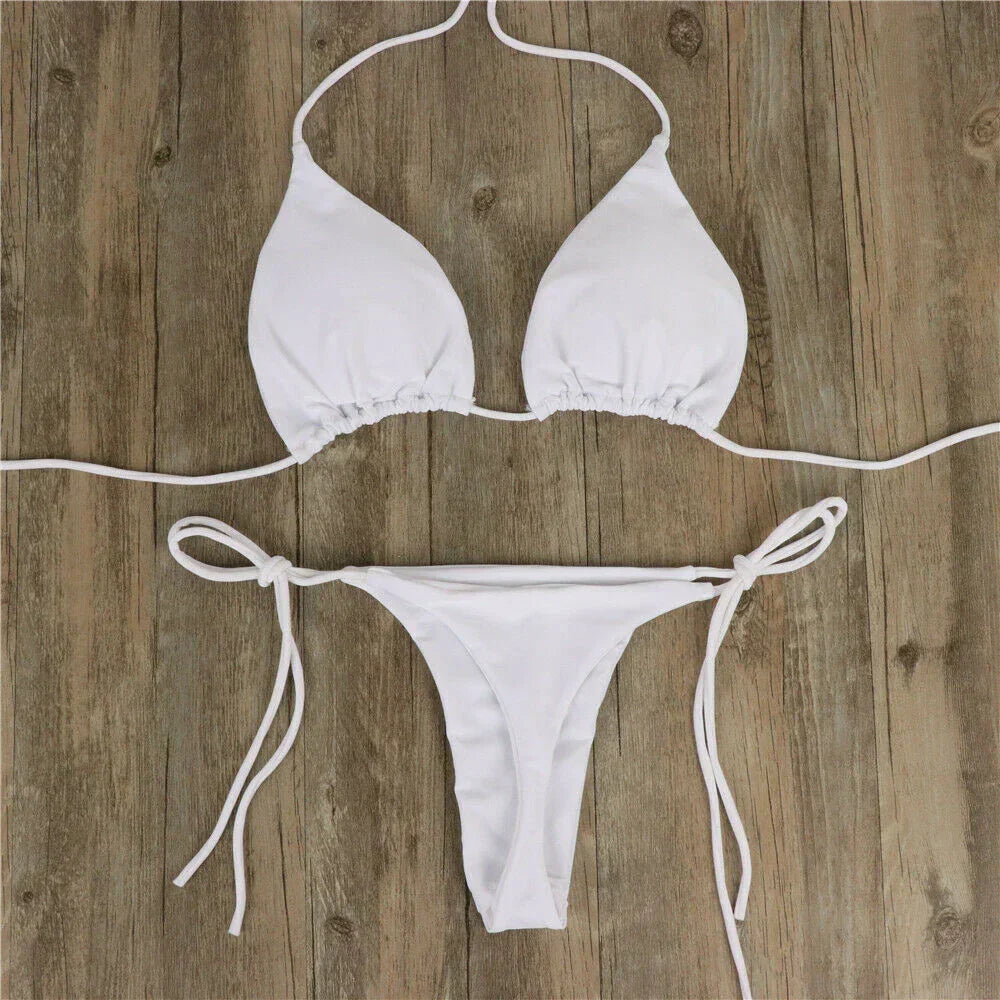 Versatile women's two-piece swimsuit with adjustable side ties, ideal for various body types and vacation outfits.