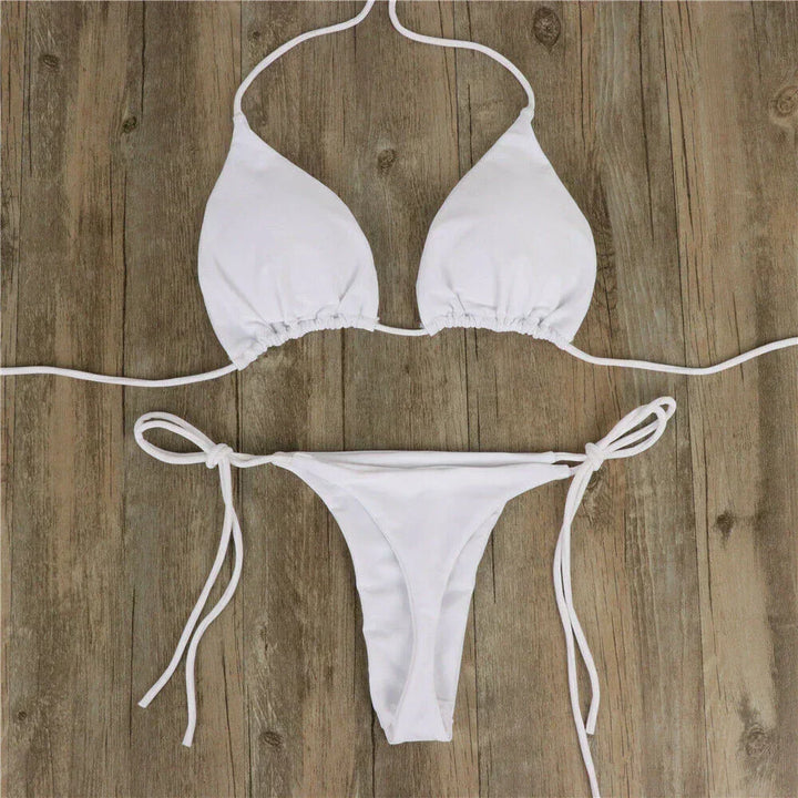 Versatile women's two-piece swimsuit with adjustable side ties, ideal for various body types and vacation outfits.