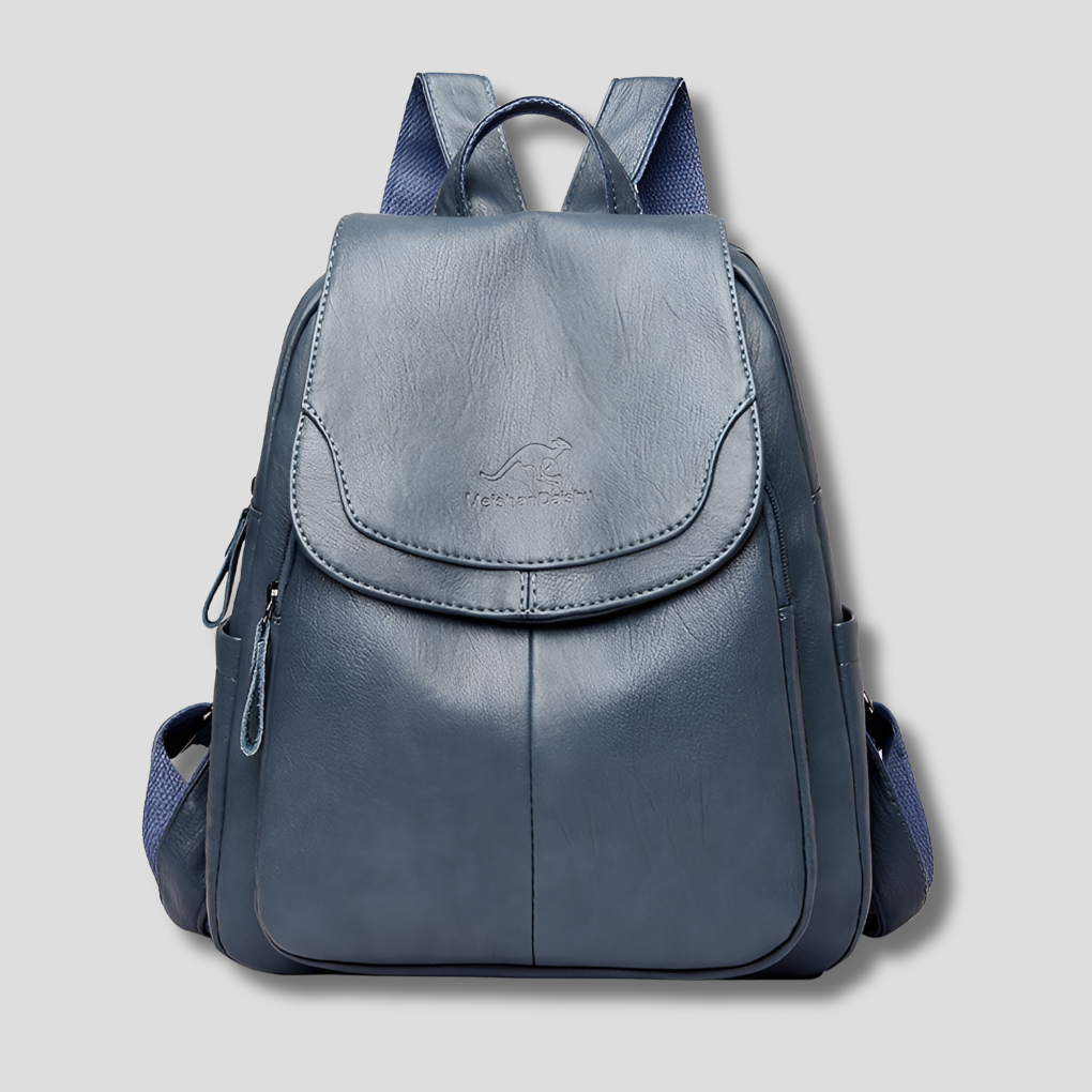 Close-up of the secure locking mechanism on a women's luxury leather anti-theft backpack.