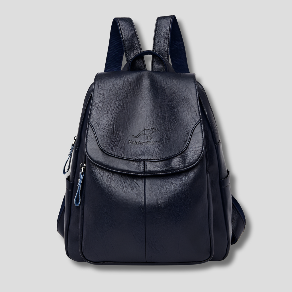 Organized interior of the women's anti-theft leather backpack, showing multiple compartments.