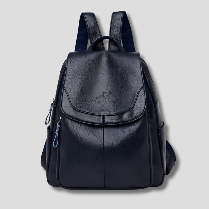 Organized interior of the women's anti-theft leather backpack, showing multiple compartments.
