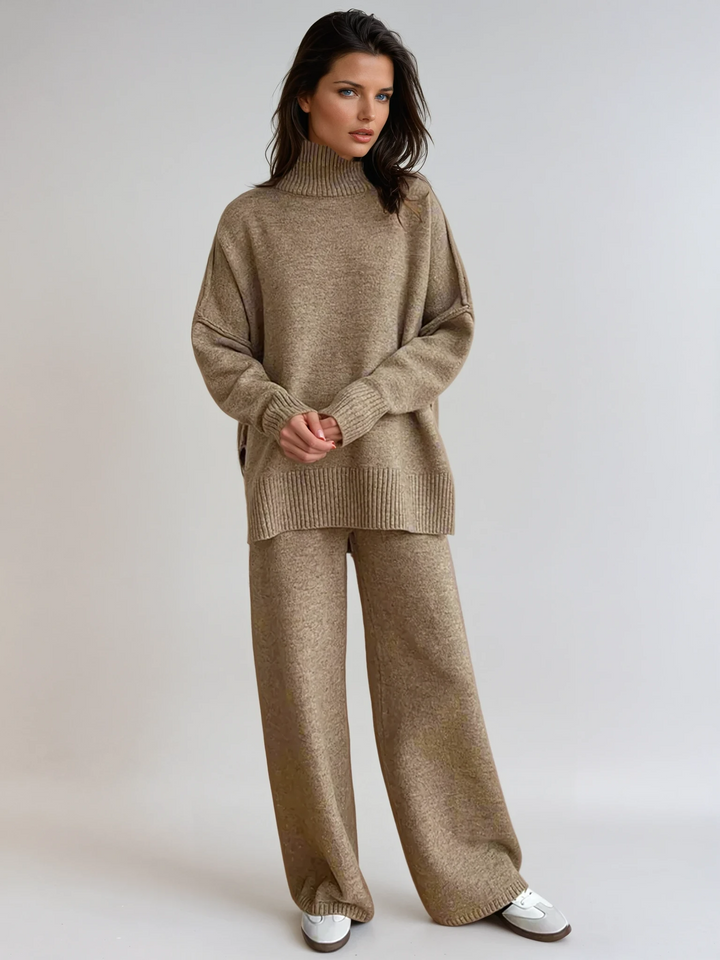 Women's beige soft knit turtleneck lounge set with wide leg pants