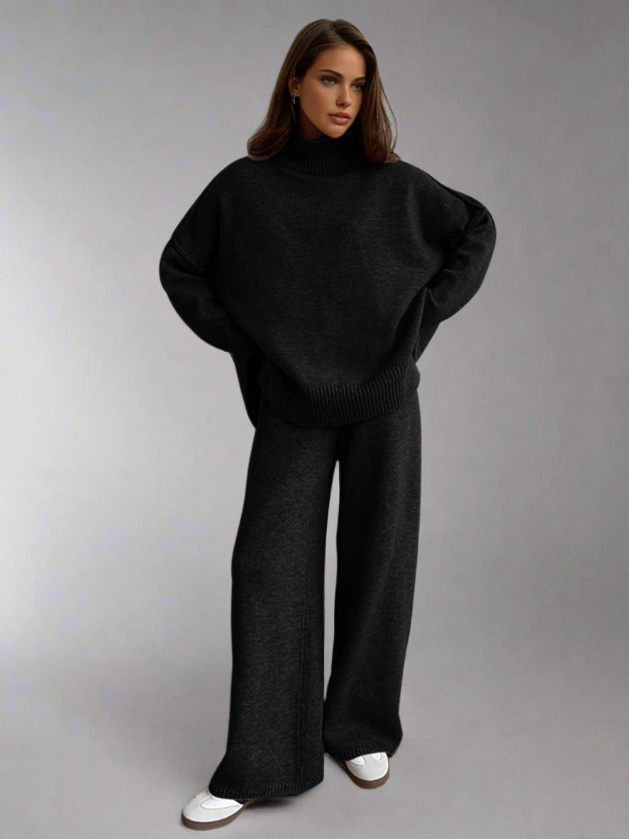 Elegant red women's sleepwear set with a chic turtleneck design