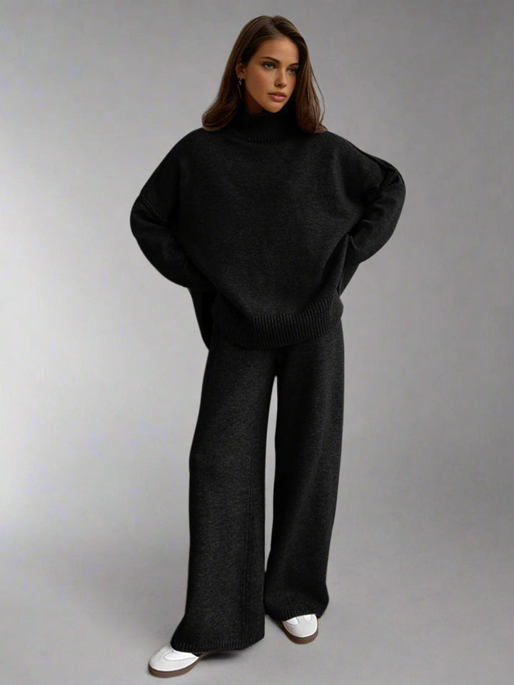 Elegant red women's sleepwear set with a chic turtleneck design
