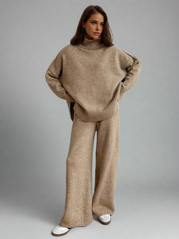 Model wearing a comfortable beige women's loungewear set