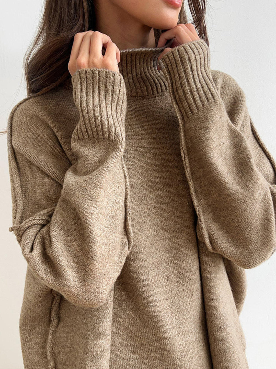 Close-up of the soft knit fabric on a women's turtleneck sleepwear set