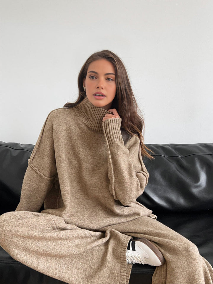 Stylish red athleisure set with a cozy turtleneck and wide leg pants