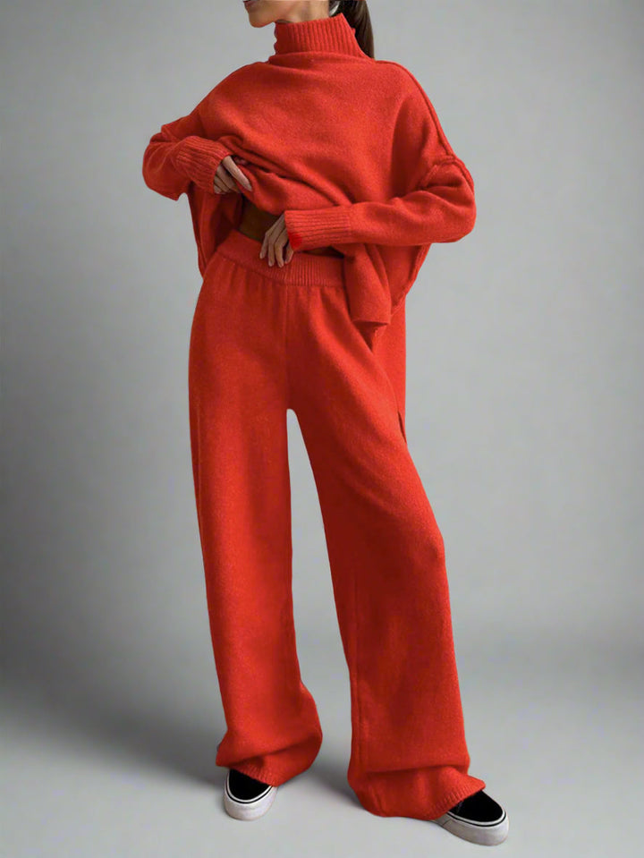 Detail shot of the wide leg pants from a women's knit turtleneck lounge set