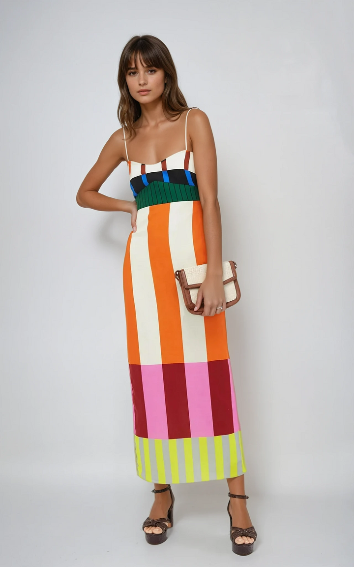 Women's Bengal Multi Paloma maxi dress with bold stripes and empire waist