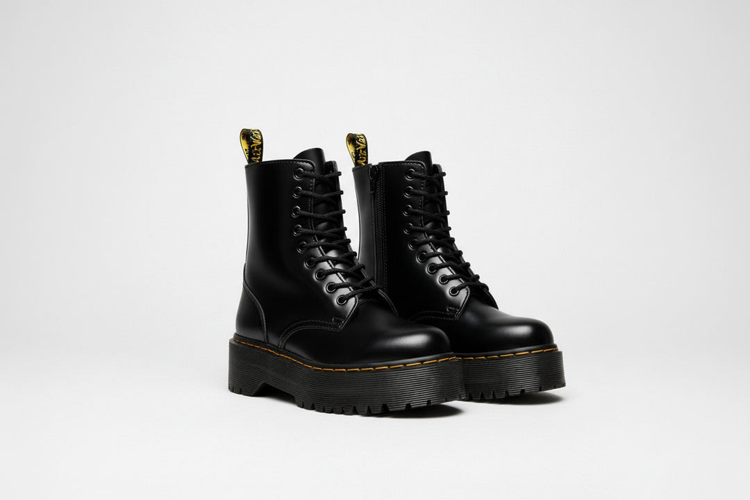 Women's black AssertStride platform lace-up ankle boots. Chunky, bold & trendy fashion footwear.