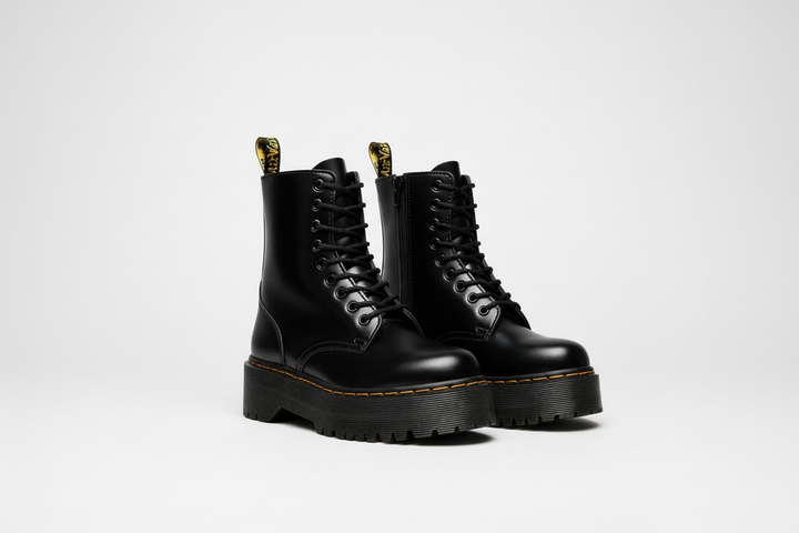 Women's black AssertStride platform lace-up ankle boots. Chunky, bold & trendy fashion footwear.